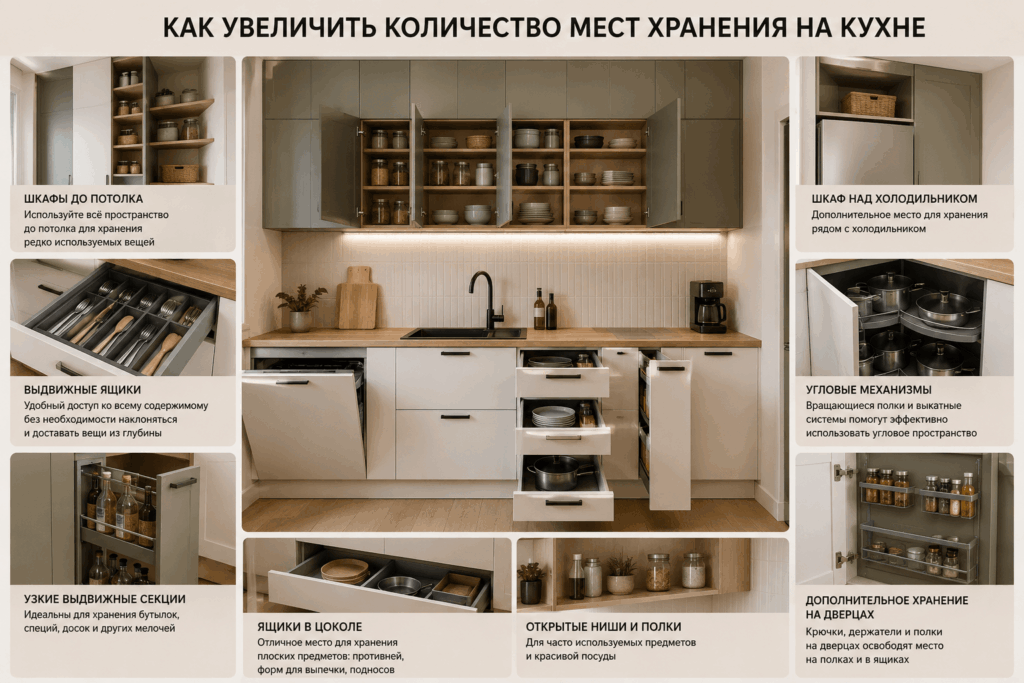 Как увеличить количество мест хранения на маленькой кухне: шкафы до потолка, выдвижные ящики и удобные системы хранения