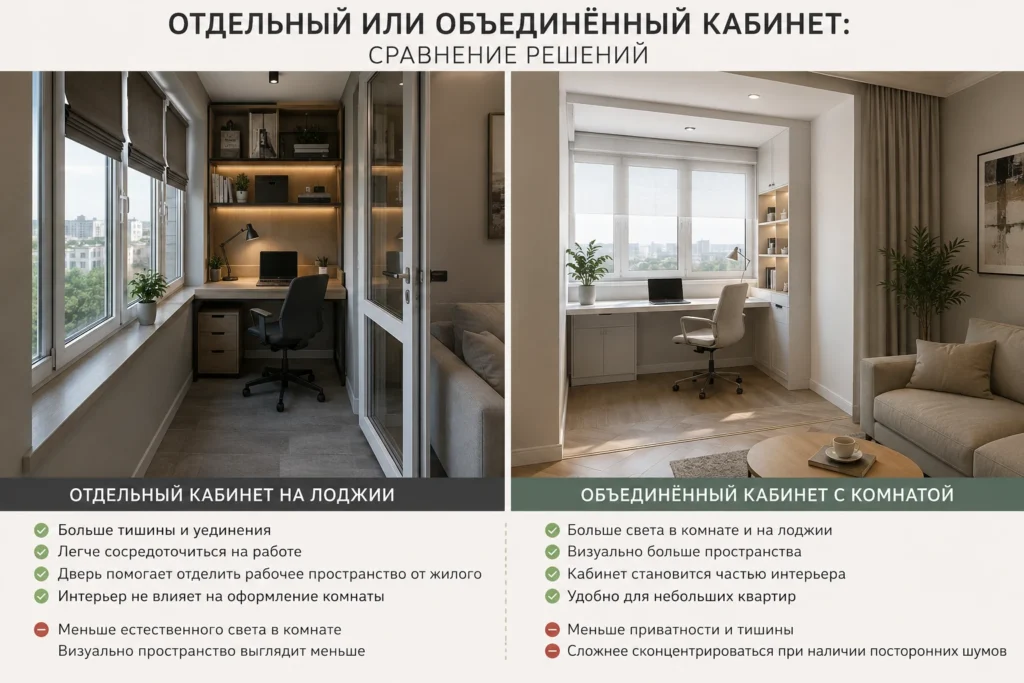 Сравнение отдельного кабинета на лоджии и объединённого кабинета с комнатой