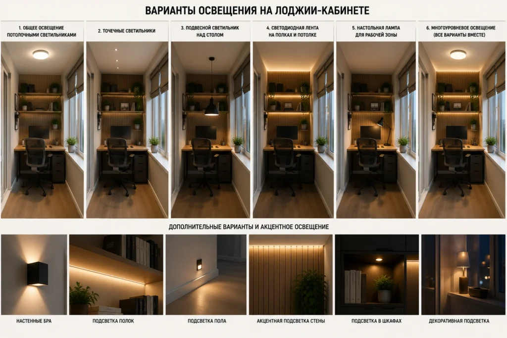 Различные варианты освещения домашнего кабинета на лоджии: потолочные светильники, трековое освещение, настольная лампа, светодиодная подсветка и декоративное освещение